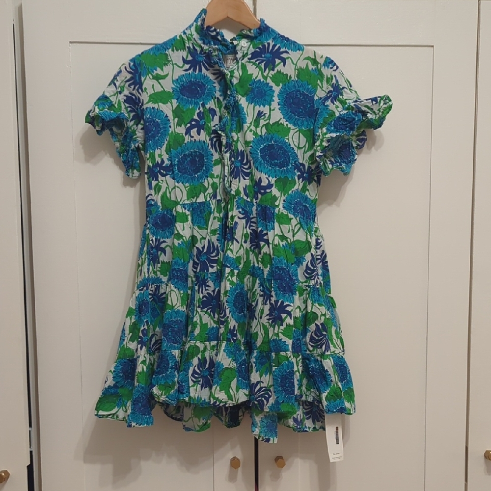 Floral Ruffle Mini Dress in Blue & Green